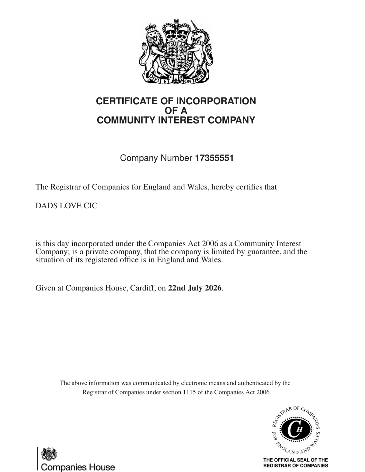 Certificate of Incorporation of a Community Interest Company — Dads Love CIC, Company Number 17355551